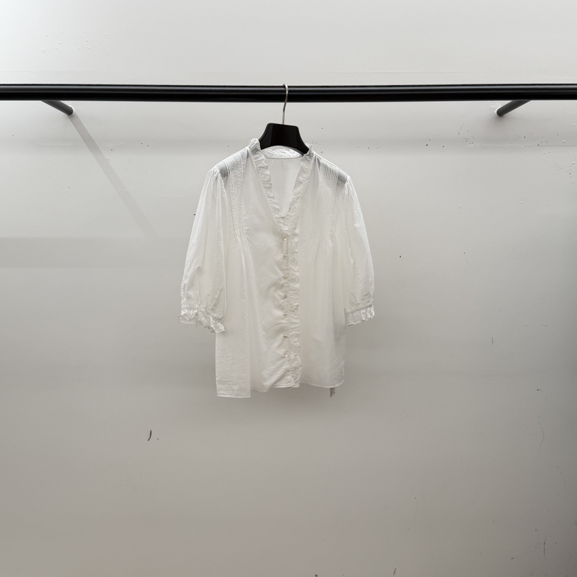 ID韓國東大門代購女士新品26春夏職業襯衫蕾絲衫荷葉邊褶裥LID襯衫/蕾絲衫圖色1