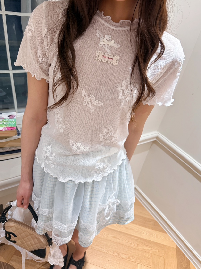 BOUTIQUE-L韓國東大門代購女士新品休閑職業T恤花朵透明BOUTIQUE-LT恤