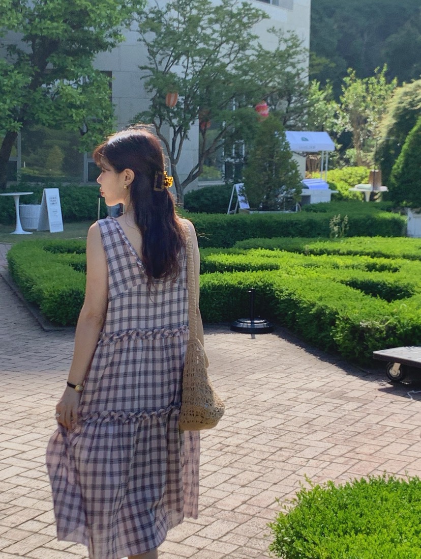 LA CREME韓國東大門直郵女士新款26春夏連衣裙OPS荷葉邊格子LA CREME連衣裙