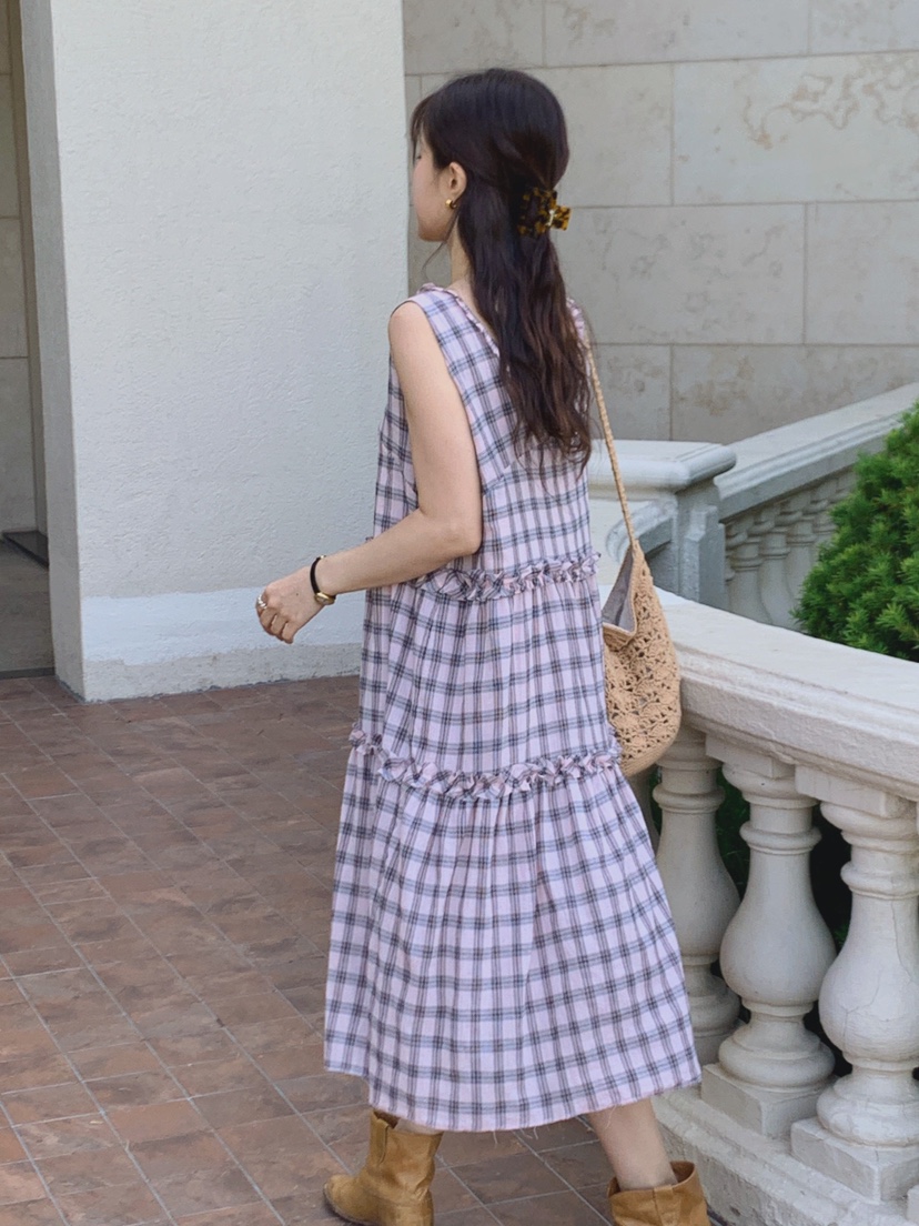 LA CREME韓國東大門直郵女士新款26春夏連衣裙OPS荷葉邊格子LA CREME連衣裙