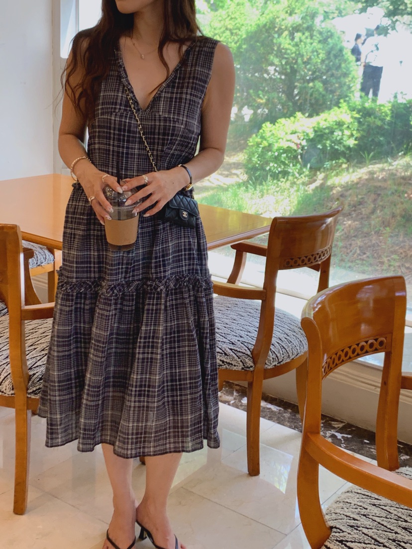 LA CREME韓國東大門直郵女士新款26春夏連衣裙OPS荷葉邊格子LA CREME連衣裙
