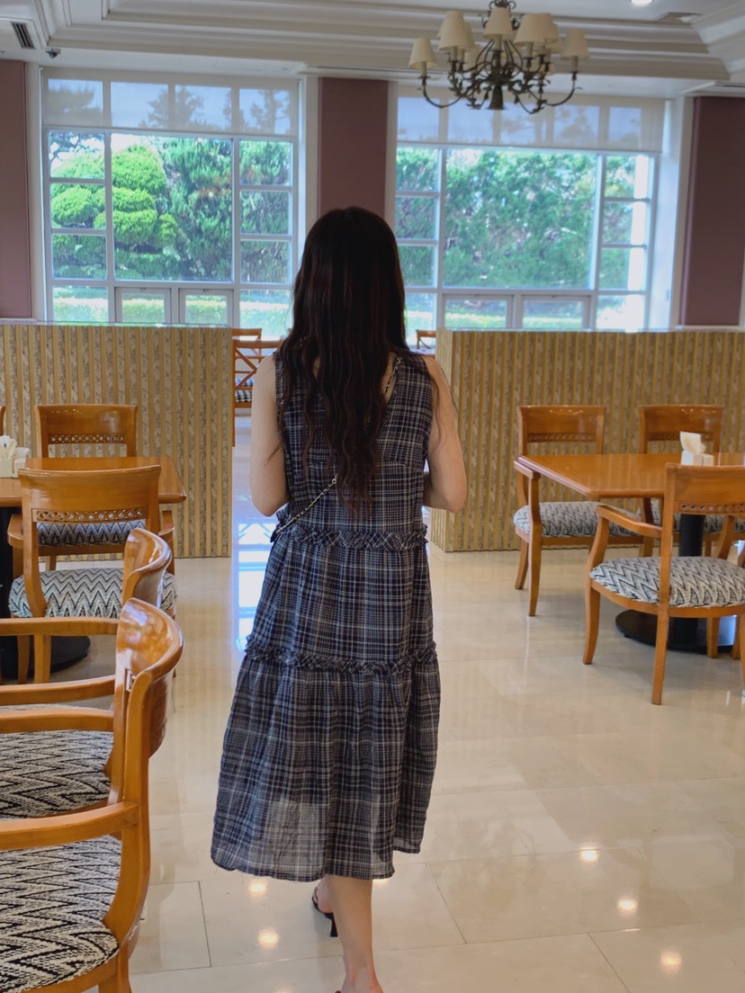 LA CREME韓國東大門直郵女士新款26春夏連衣裙OPS荷葉邊格子LA CREME連衣裙