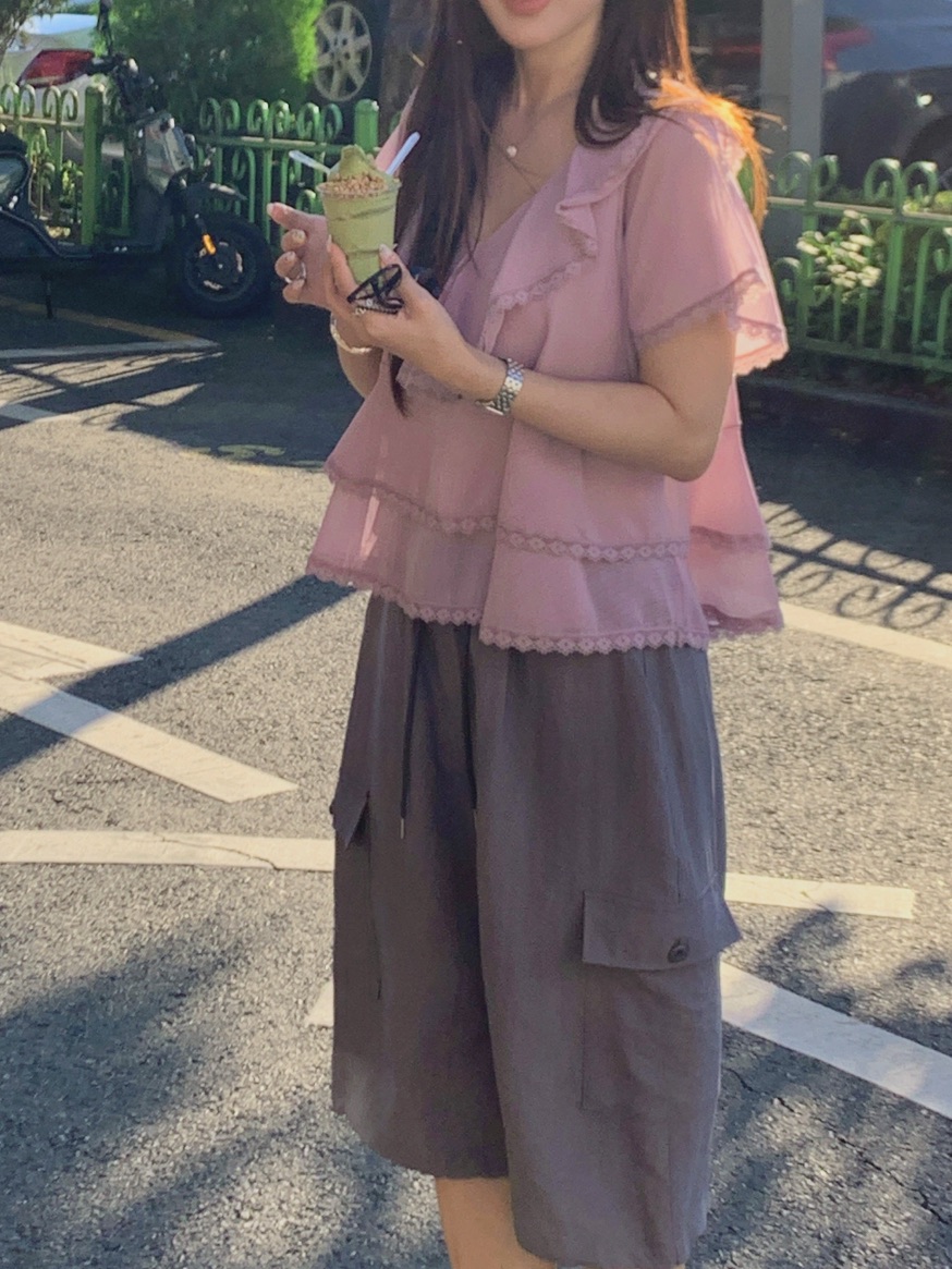 LA CREME韓國直郵實拍女士新款時尚休閑襯衫蕾絲衫BL雪紡LA CREME襯衫/蕾絲衫