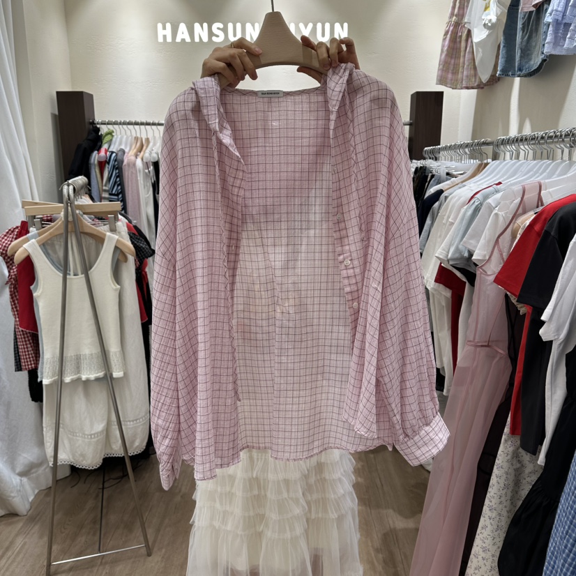 HANSUNGHYUN韓國直郵女裝新品熱賣襯衫蕾絲衫不含內搭格子HANSUNGHYUN襯衫/蕾絲衫圖色1