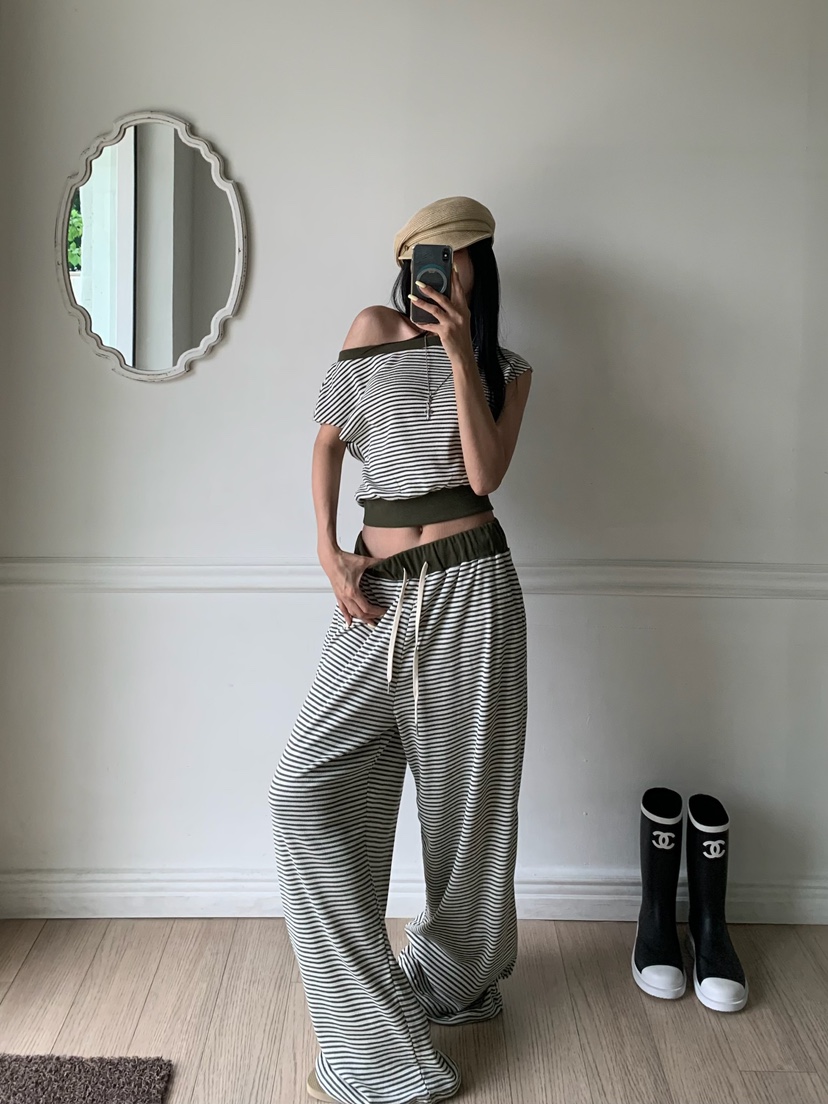 BADCALM韓國直郵女裝新品26夏季休閑26春夏人氣休閑褲條紋BADCALM休閑褲圖色1