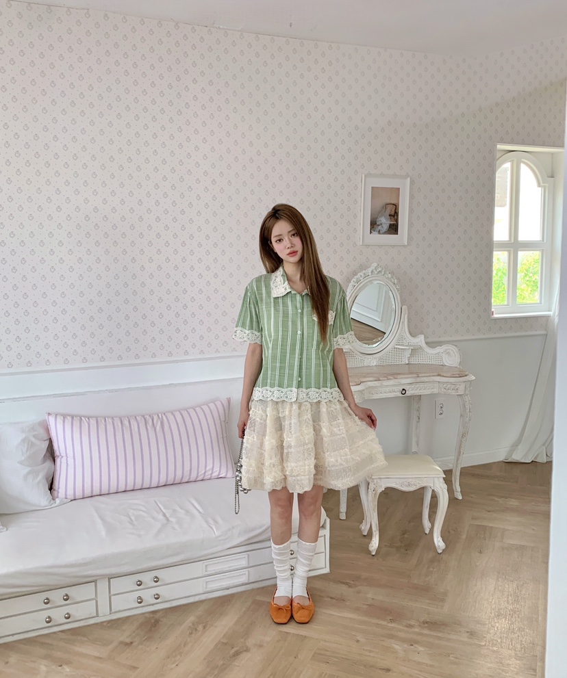 MAISONDEGLORY東大門實拍韓國女裝新款人氣襯衫蕾絲衫亞麻條紋MAISON DE GLORY襯衫/蕾絲衫