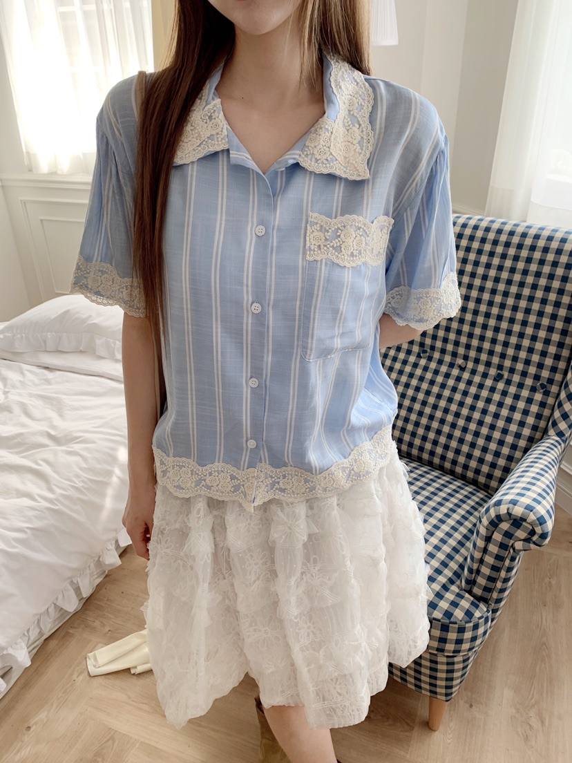 MAISONDEGLORY東大門實拍韓國女裝新款人氣襯衫蕾絲衫亞麻條紋MAISON DE GLORY襯衫/蕾絲衫圖色1