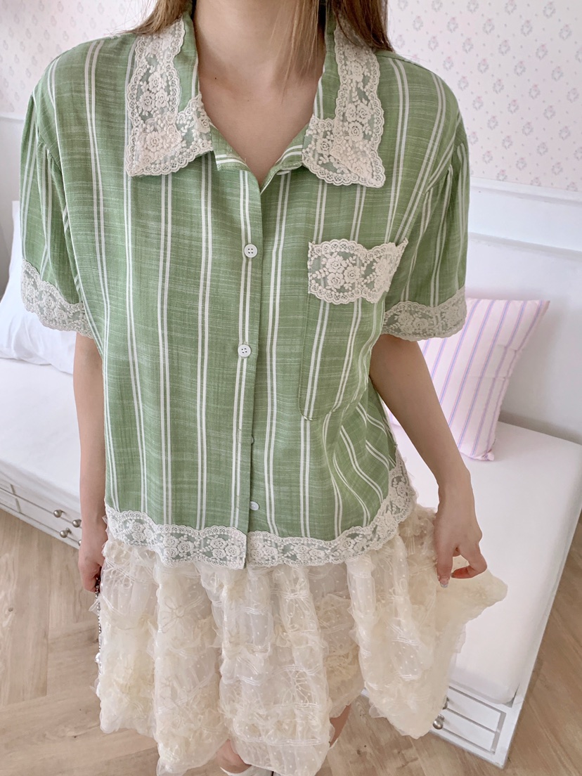 MAISONDEGLORY東大門實拍韓國女裝新款人氣襯衫蕾絲衫亞麻條紋MAISON DE GLORY襯衫/蕾絲衫圖色2