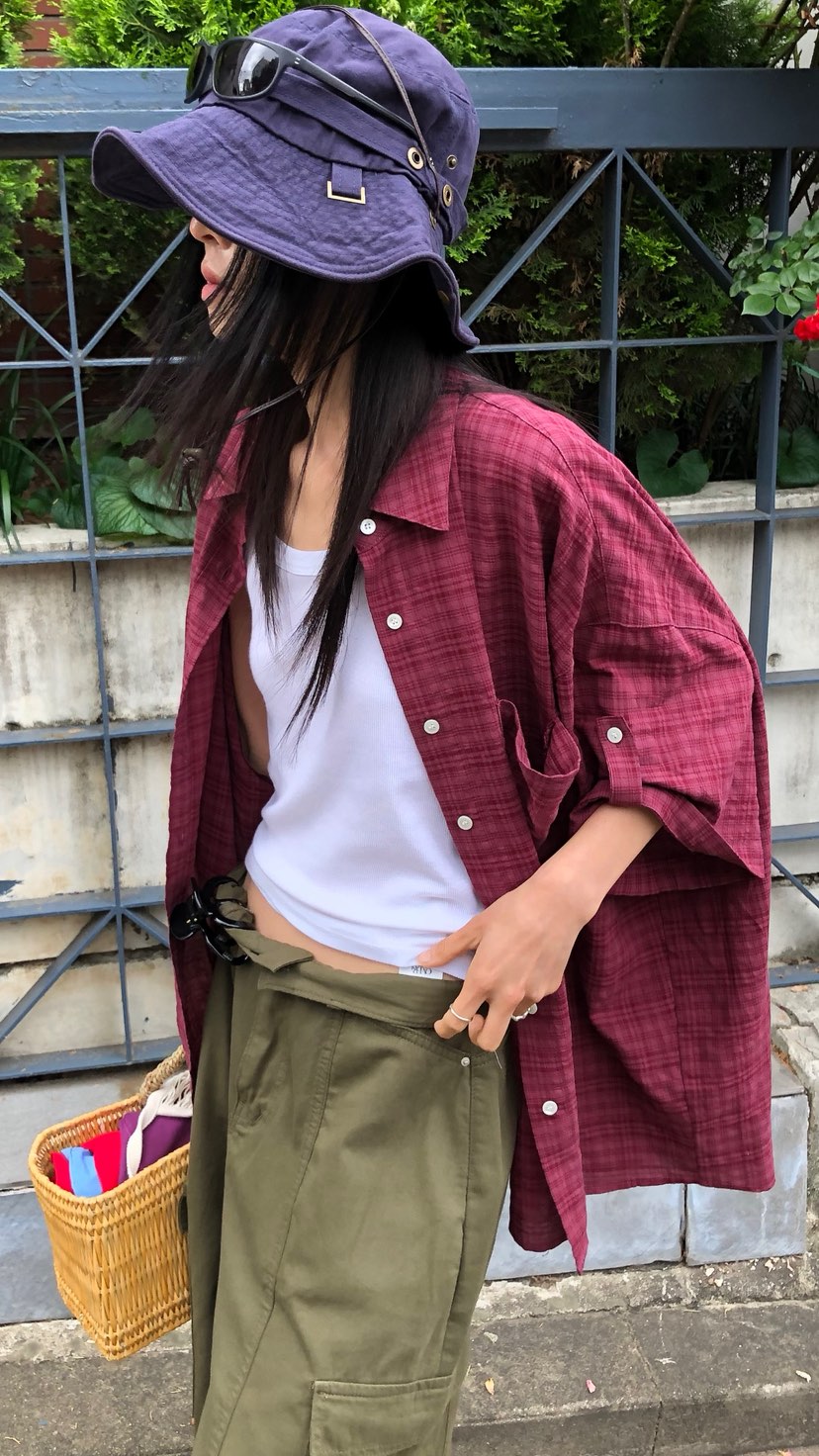 OVER RICH韓國代購女士新款休閑26春夏26夏季襯衫蕾絲衫格子OVER RICH襯衫/蕾絲衫