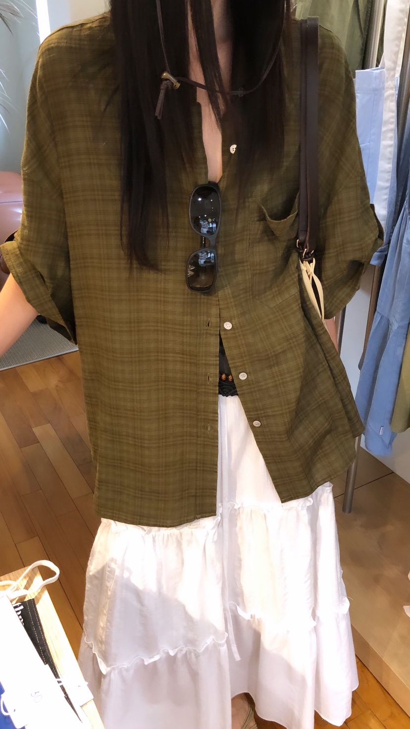 OVER RICH韓國代購女士新款休閑26春夏26夏季襯衫蕾絲衫格子OVER RICH襯衫/蕾絲衫