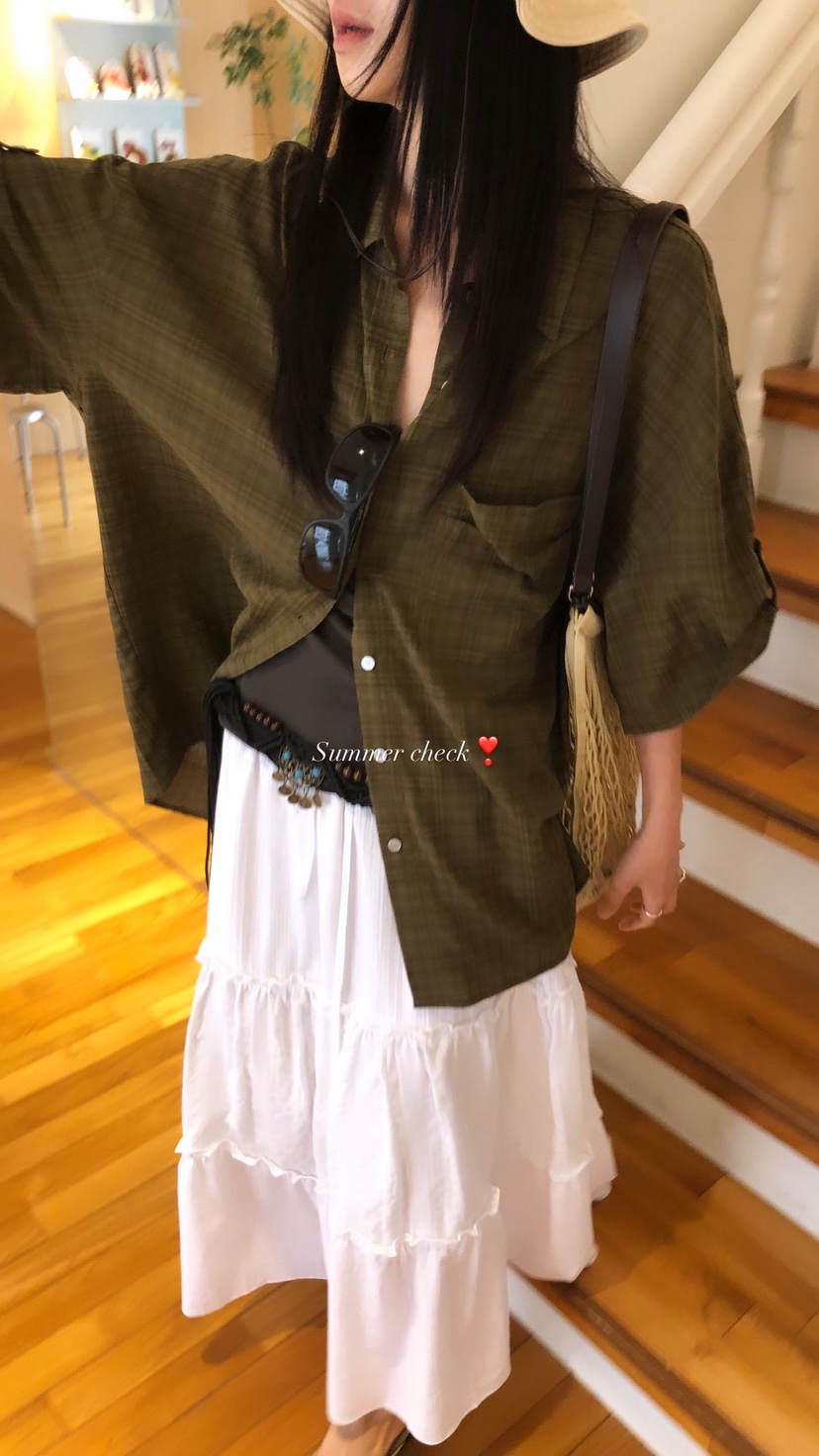 OVER RICH韓國代購女士新款休閑26春夏26夏季襯衫蕾絲衫格子OVER RICH襯衫/蕾絲衫
