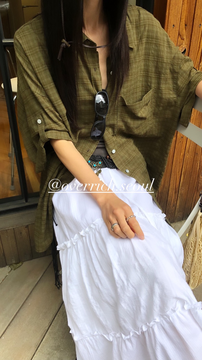 OVER RICH韓國代購女士新款休閑26春夏26夏季襯衫蕾絲衫格子OVER RICH襯衫/蕾絲衫