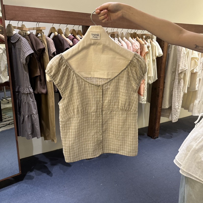 FURE東大門實拍韓國女士新品熱賣休閑襯衫蕾絲衫格子蕾絲FURE襯衫/蕾絲衫圖色3