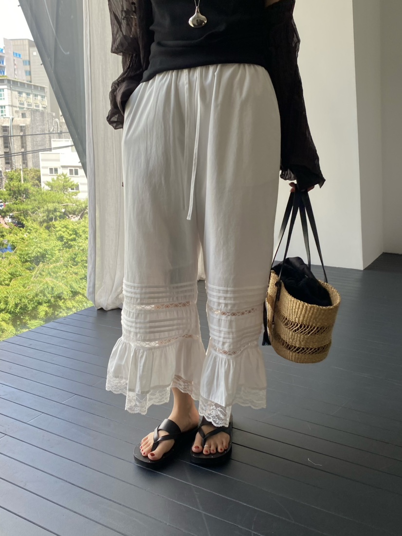 OUPPT韓國代購女士新品熱賣休閑26夏季職業時尚休閑褲蕾絲花OUPPT休閑褲