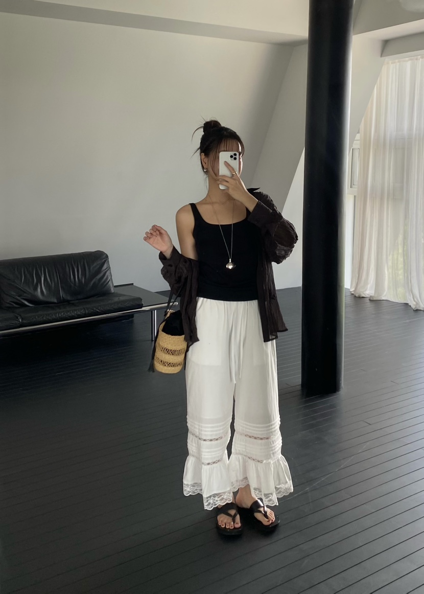 OUPPT韓國代購女士新品熱賣休閑26夏季職業時尚休閑褲蕾絲花OUPPT休閑褲