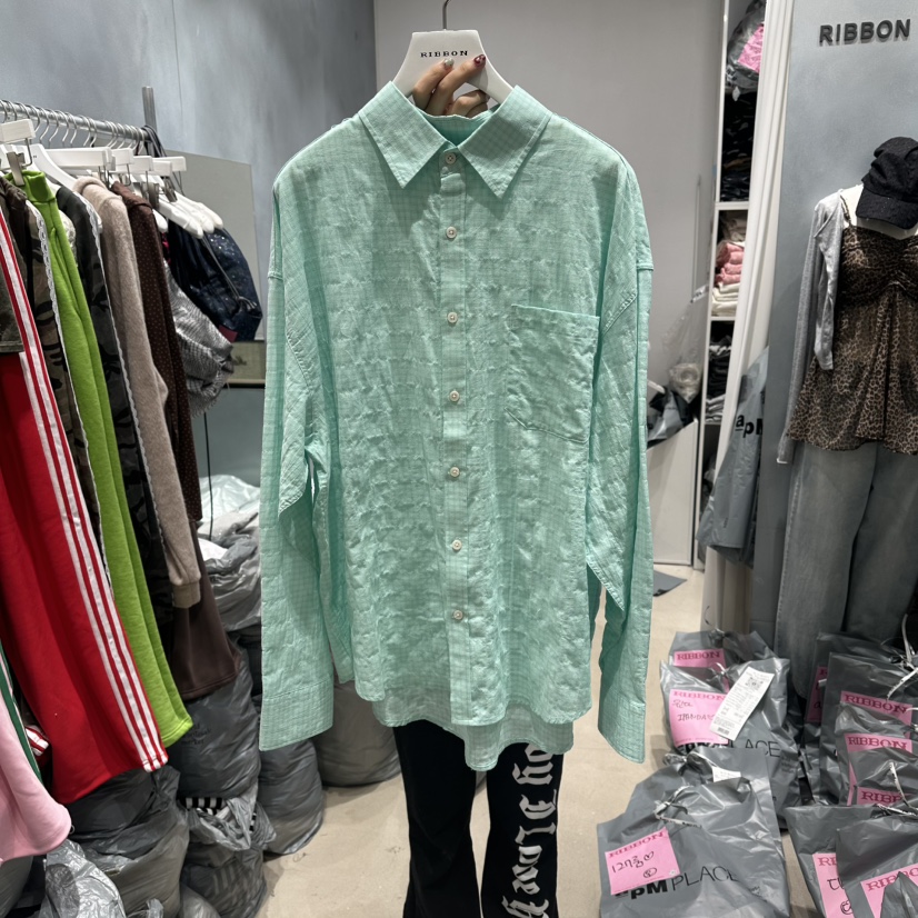 RIBBON韓國直郵實拍女裝新款熱賣時尚人氣襯衫蕾絲衫格子RIBBON襯衫/蕾絲衫圖色1