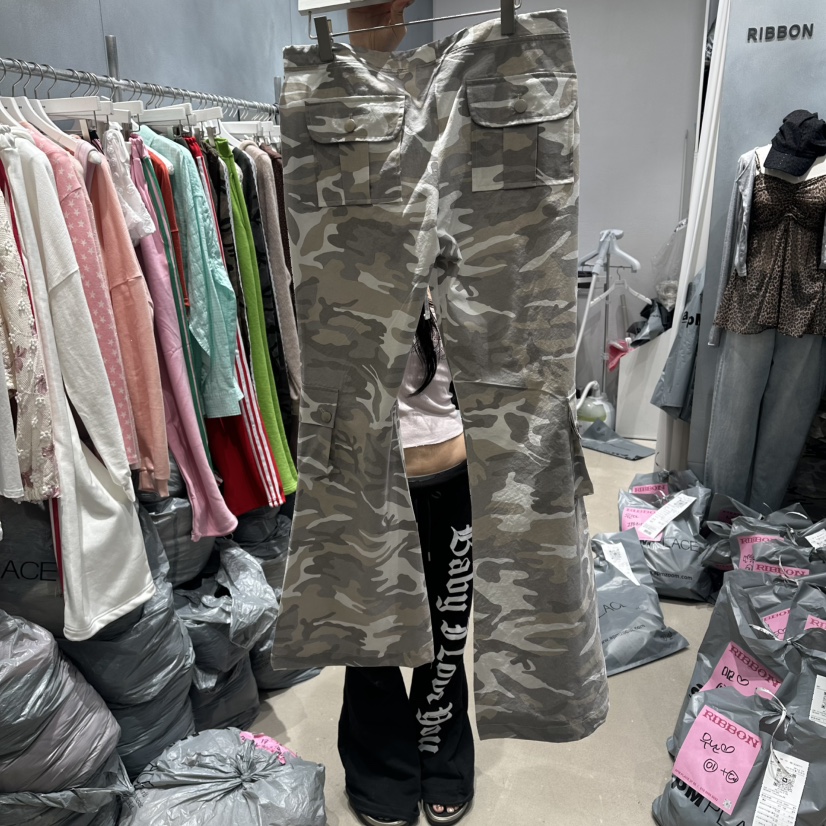 RIBBON韓國直郵女士新款職業時尚26夏季休閑褲喇叭褲工裝迷彩RIBBON休閑褲