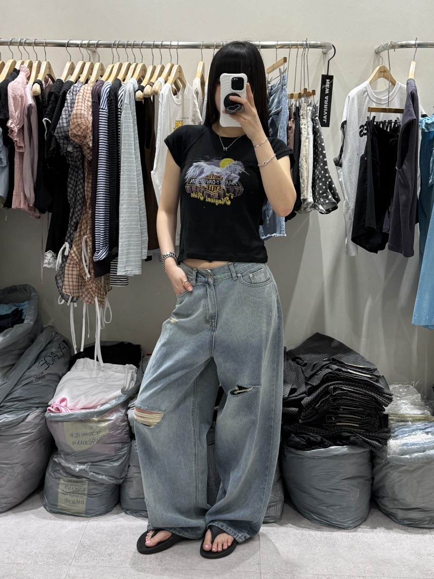 SHIRRING韓國東大門直郵女裝新品26春夏熱賣牛仔褲水洗復古SHIRRING牛仔褲