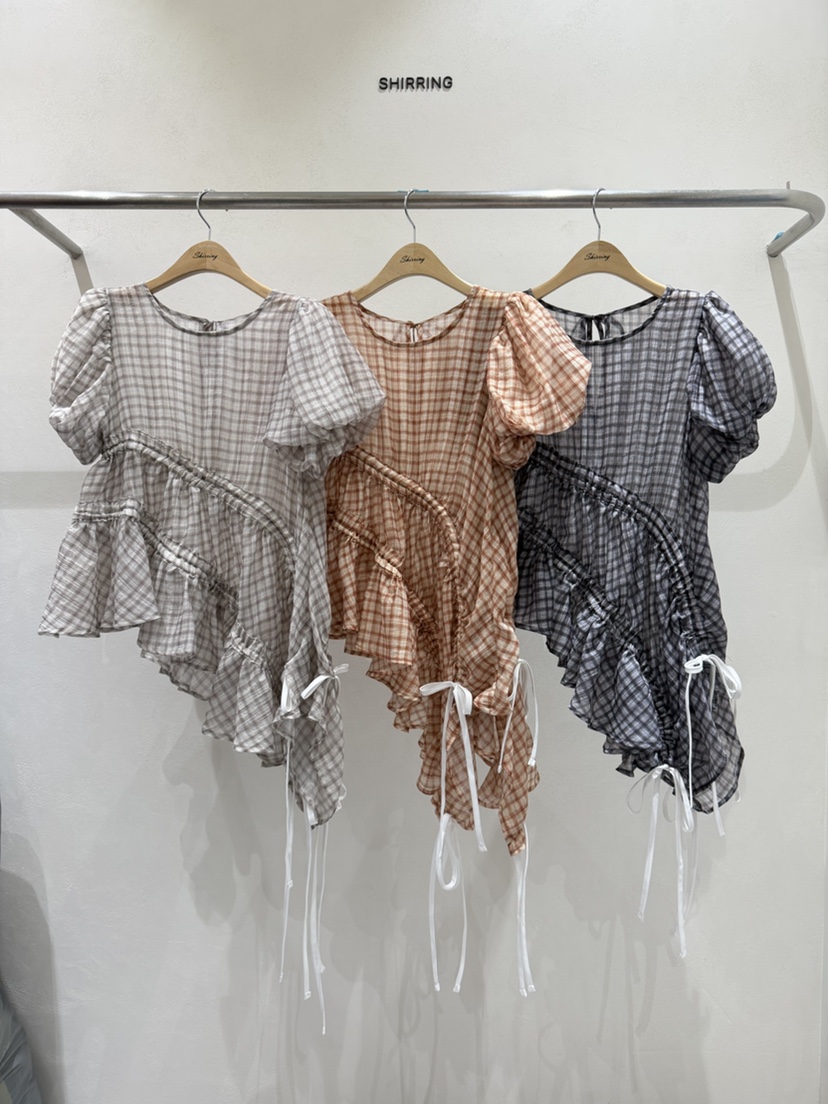 SHIRRING東大門實拍韓國女裝新品職業休閑襯衫蕾絲衫不對稱SHIRRING襯衫/蕾絲衫