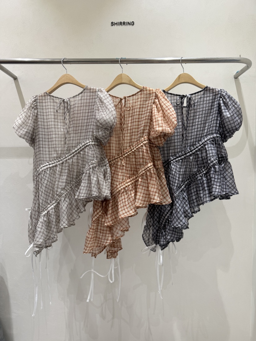 SHIRRING東大門實拍韓國女裝新品職業休閑襯衫蕾絲衫不對稱SHIRRING襯衫/蕾絲衫