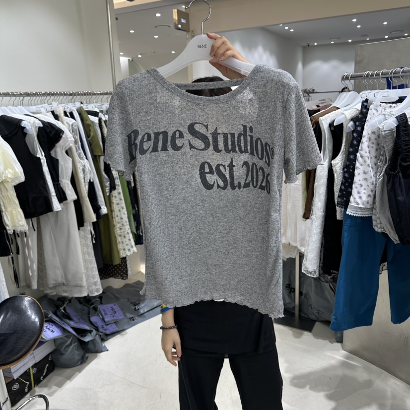 BENE韓國直郵實拍女士新品26春夏休閑人氣時尚熱賣T恤亞麻布BENET恤圖色2
