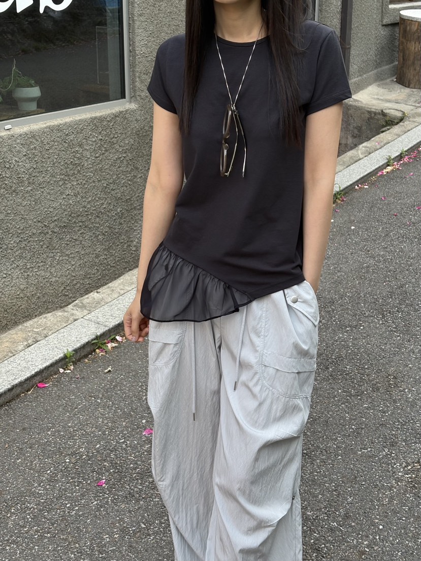 Verbena韓國直郵實拍女士新款熱賣26春夏T恤不對稱雪紡褶皺VerbenaT恤