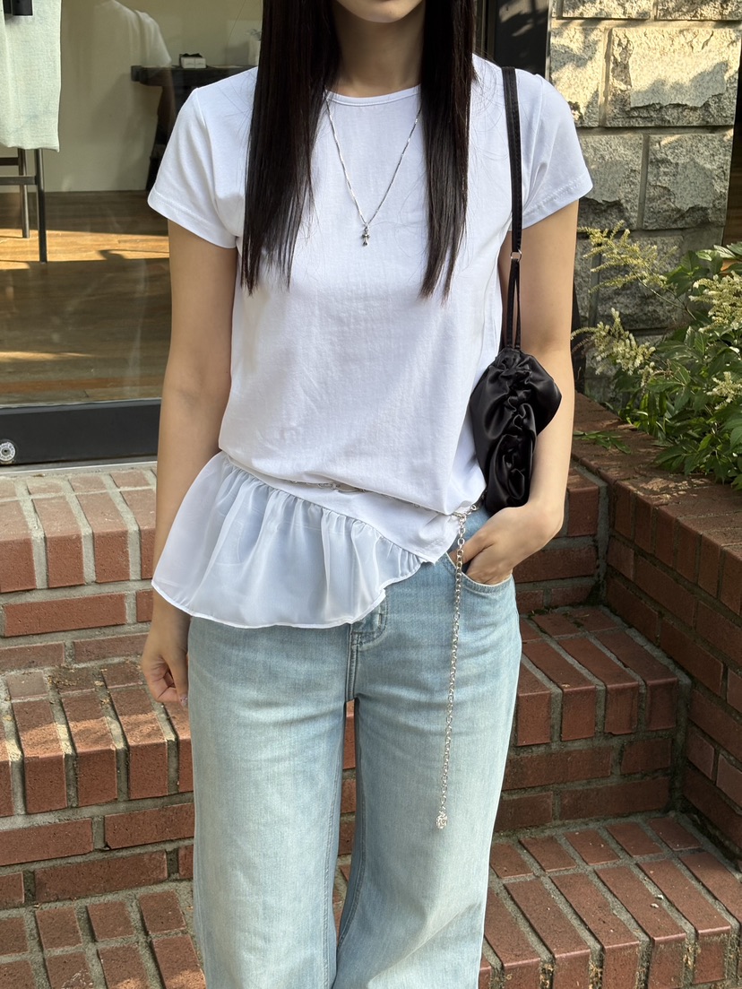 Verbena韓國直郵實拍女士新款熱賣26春夏T恤不對稱雪紡褶皺VerbenaT恤