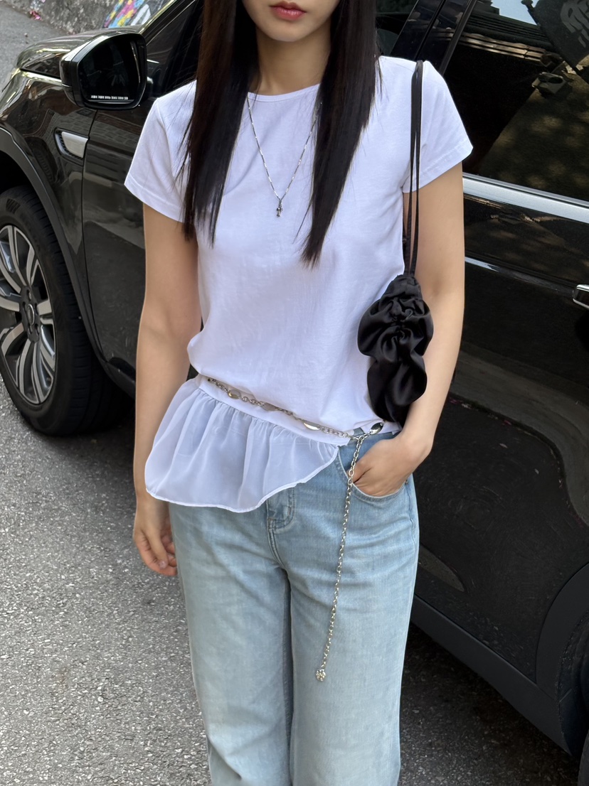 Verbena韓國直郵實拍女士新款熱賣26春夏T恤不對稱雪紡褶皺VerbenaT恤