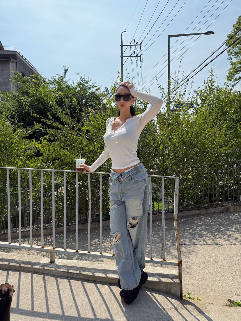 GATELESS韓國直郵實拍女士新款26夏季休閑熱賣時尚牛仔褲GATELESS牛仔褲