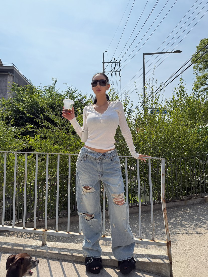 GATELESS韓國直郵實拍女士新款26夏季休閑熱賣時尚牛仔褲GATELESS牛仔褲