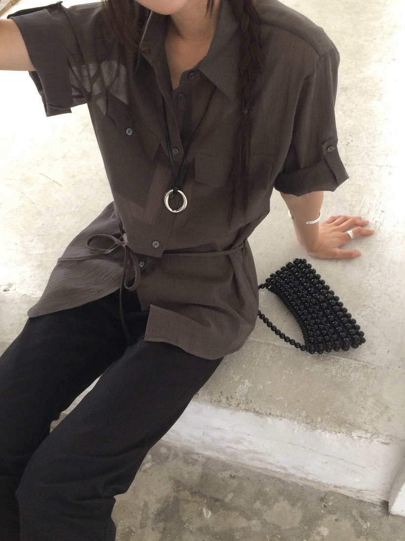 ANOU韓國直郵女士新品時尚熱賣休閑推薦襯衫蕾絲衫含腰繩ANOU襯衫/蕾絲衫
