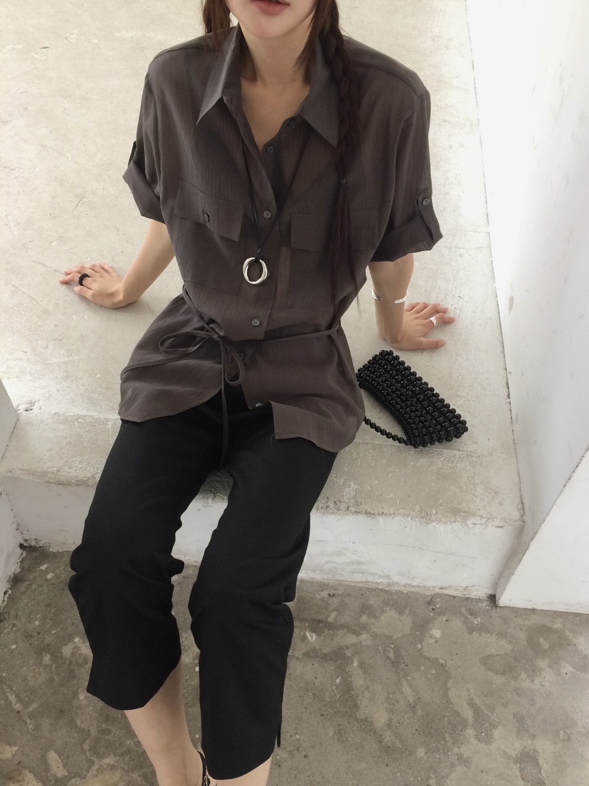 ANOU韓國直郵女士新品時尚熱賣休閑推薦襯衫蕾絲衫含腰繩ANOU襯衫/蕾絲衫
