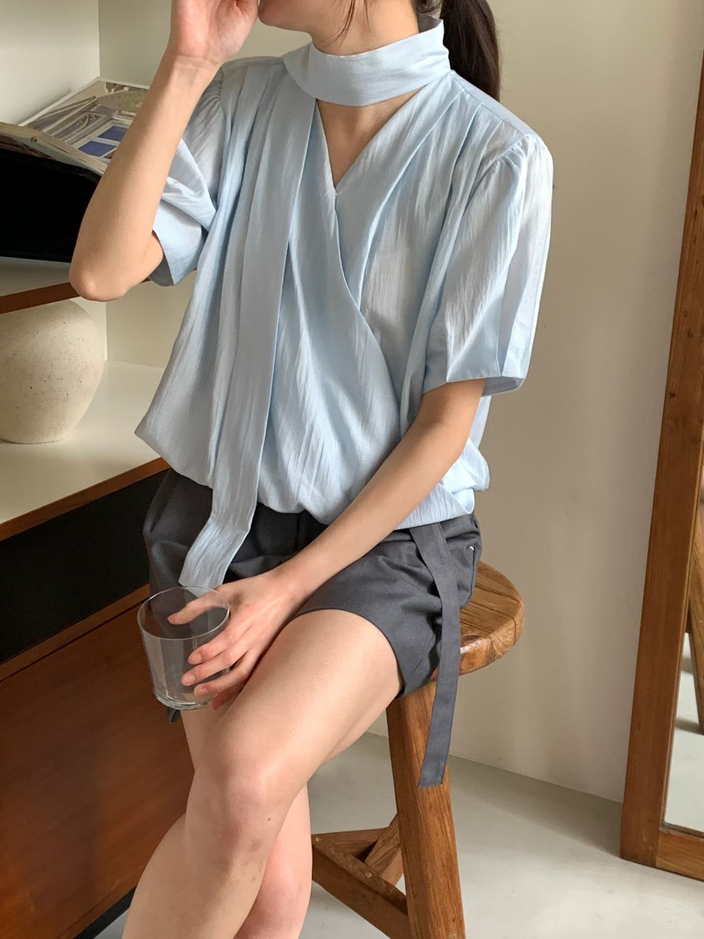 WITHMOON韓國東大門代購女士新品休閑熱賣襯衫蕾絲衫含脖帶WITHMOON襯衫/蕾絲衫圖色1