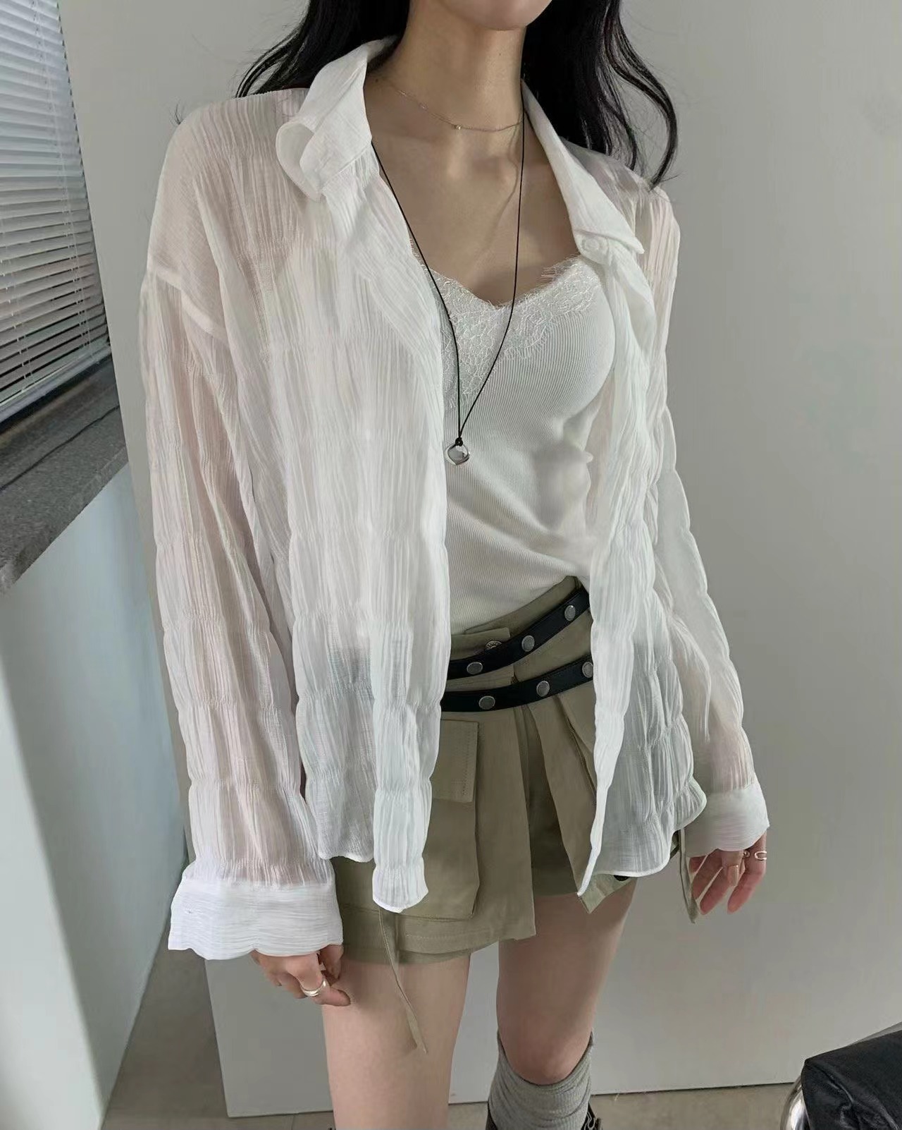 BLACK LINE東大門實拍韓國女士新品人氣26夏季襯衫蕾絲衫褶皺BLACK LINE襯衫/蕾絲衫