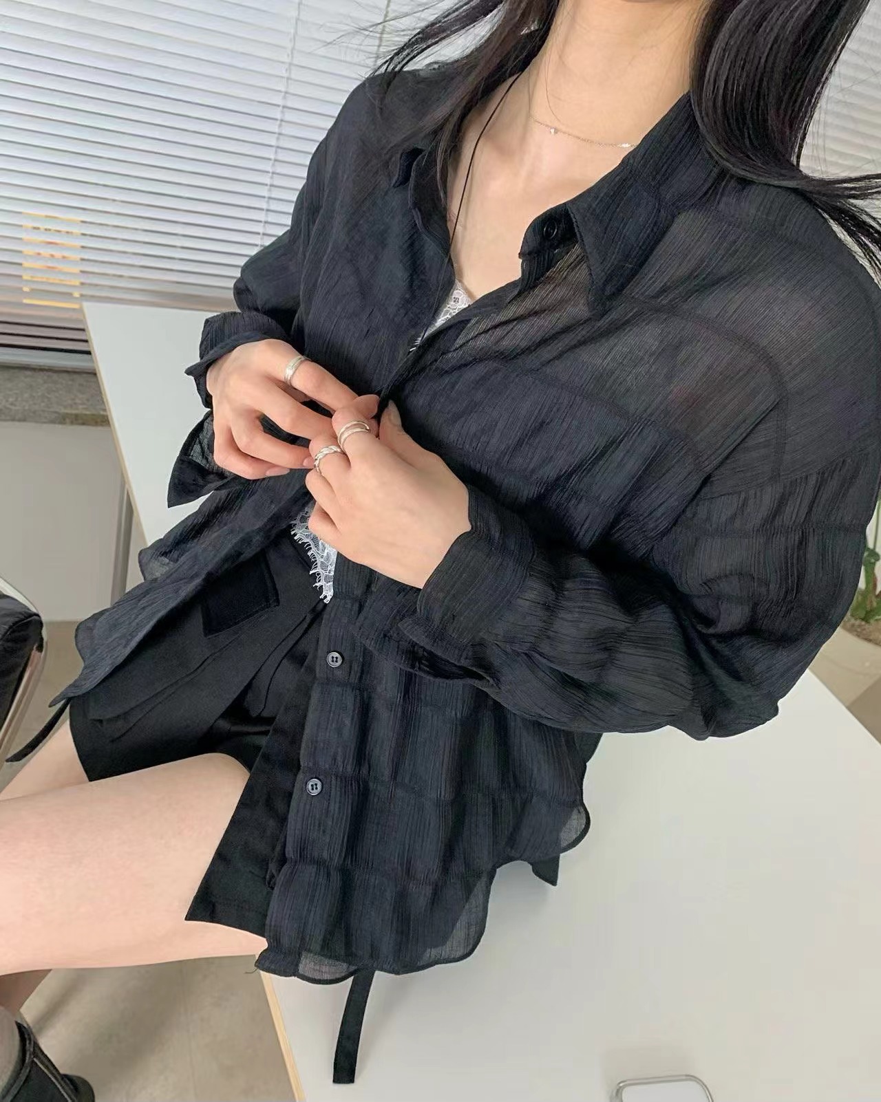 BLACK LINE東大門實拍韓國女士新品人氣26夏季襯衫蕾絲衫褶皺BLACK LINE襯衫/蕾絲衫圖色2