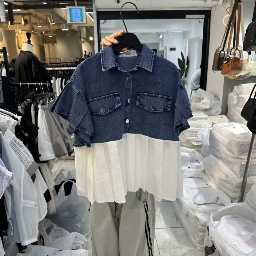 空韓國直郵女士新品時尚推薦熱賣休閑26夏季襯衫蕾絲衫褶皺BAKHA襯衫/蕾絲衫圖色1