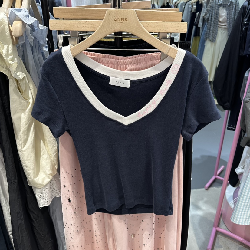 ANNA-P韓國東大門代購女裝新品26夏季推薦休閑人氣T恤V領ANNA-PT恤圖色2