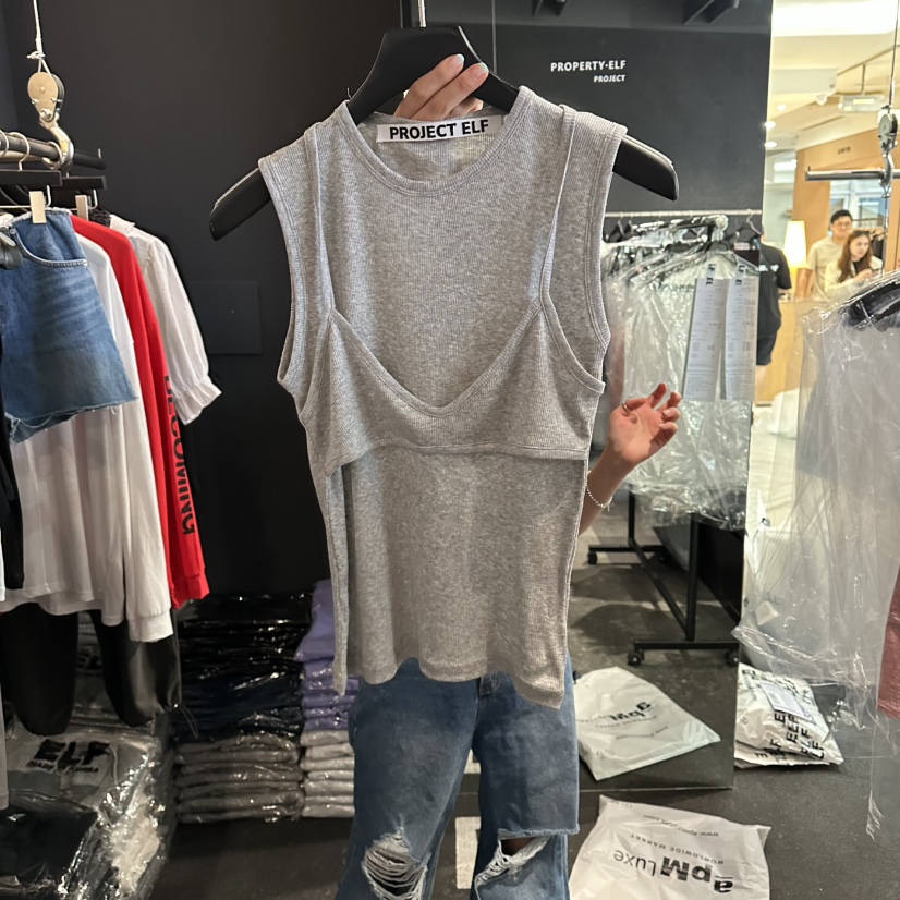 ELF-L韓國直郵女裝新品休閑吊帶背心假兩件雙層無袖羅紋PROJECT ELF/ELF-L吊帶/背心圖色3
