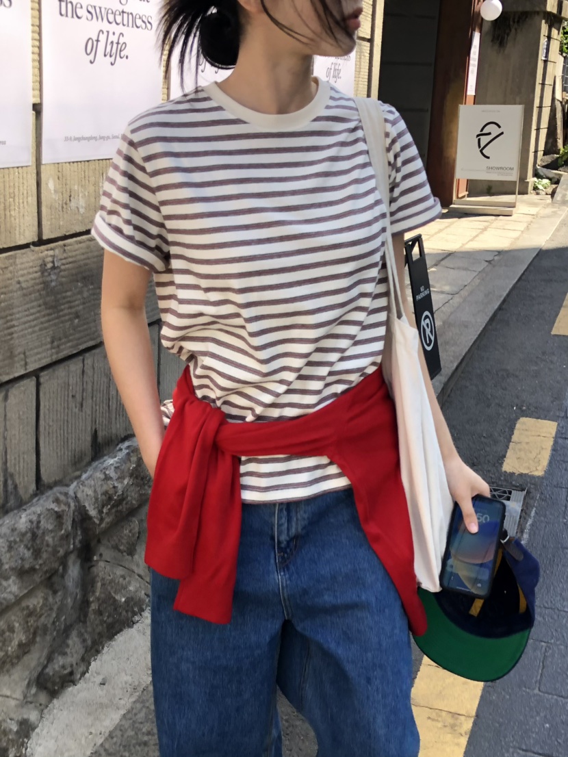 OURS韓國代購女裝新品熱賣休閑26夏季推薦人氣時尚T恤條紋OURST恤