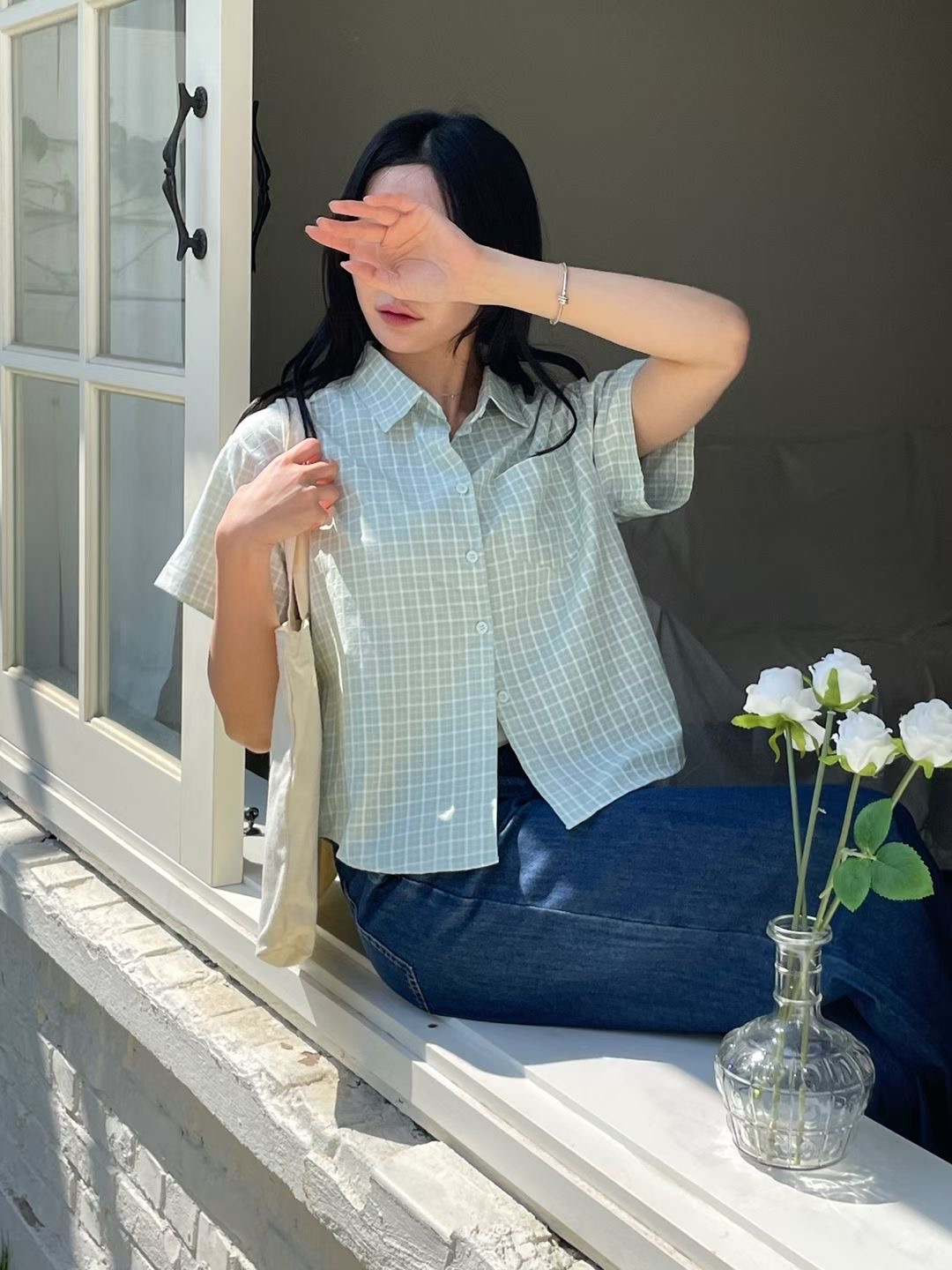 EROOM韓國直郵女士新品休閑人氣推薦熱賣26夏季襯衫蕾絲衫格子EROOM襯衫/蕾絲衫