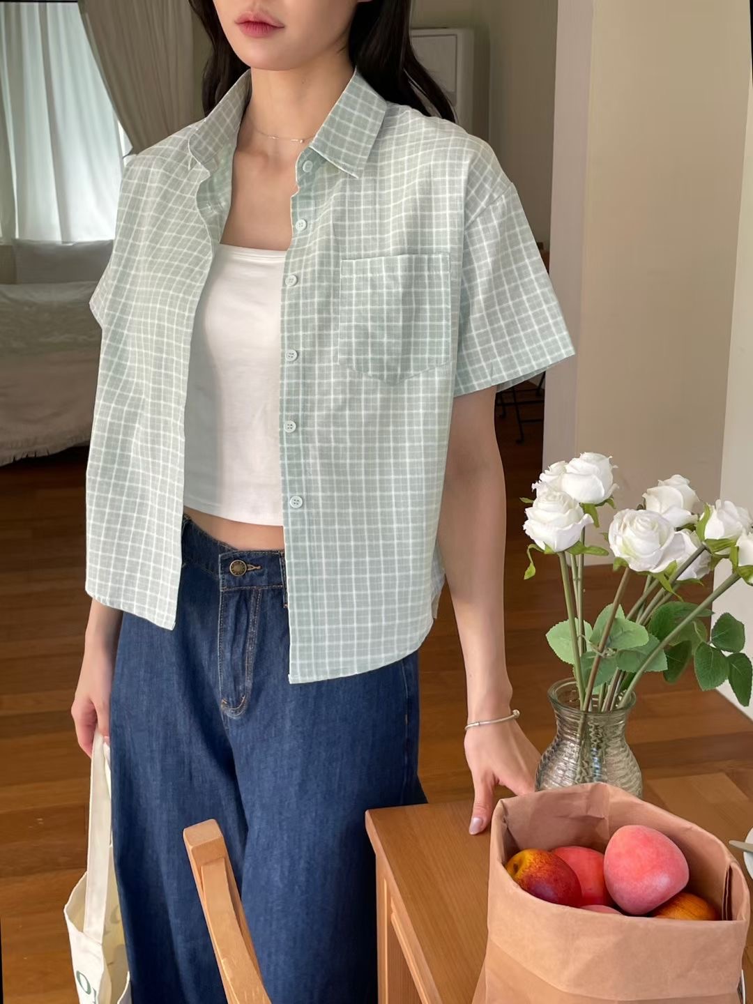 EROOM韓國直郵女士新品休閑人氣推薦熱賣26夏季襯衫蕾絲衫格子EROOM襯衫/蕾絲衫