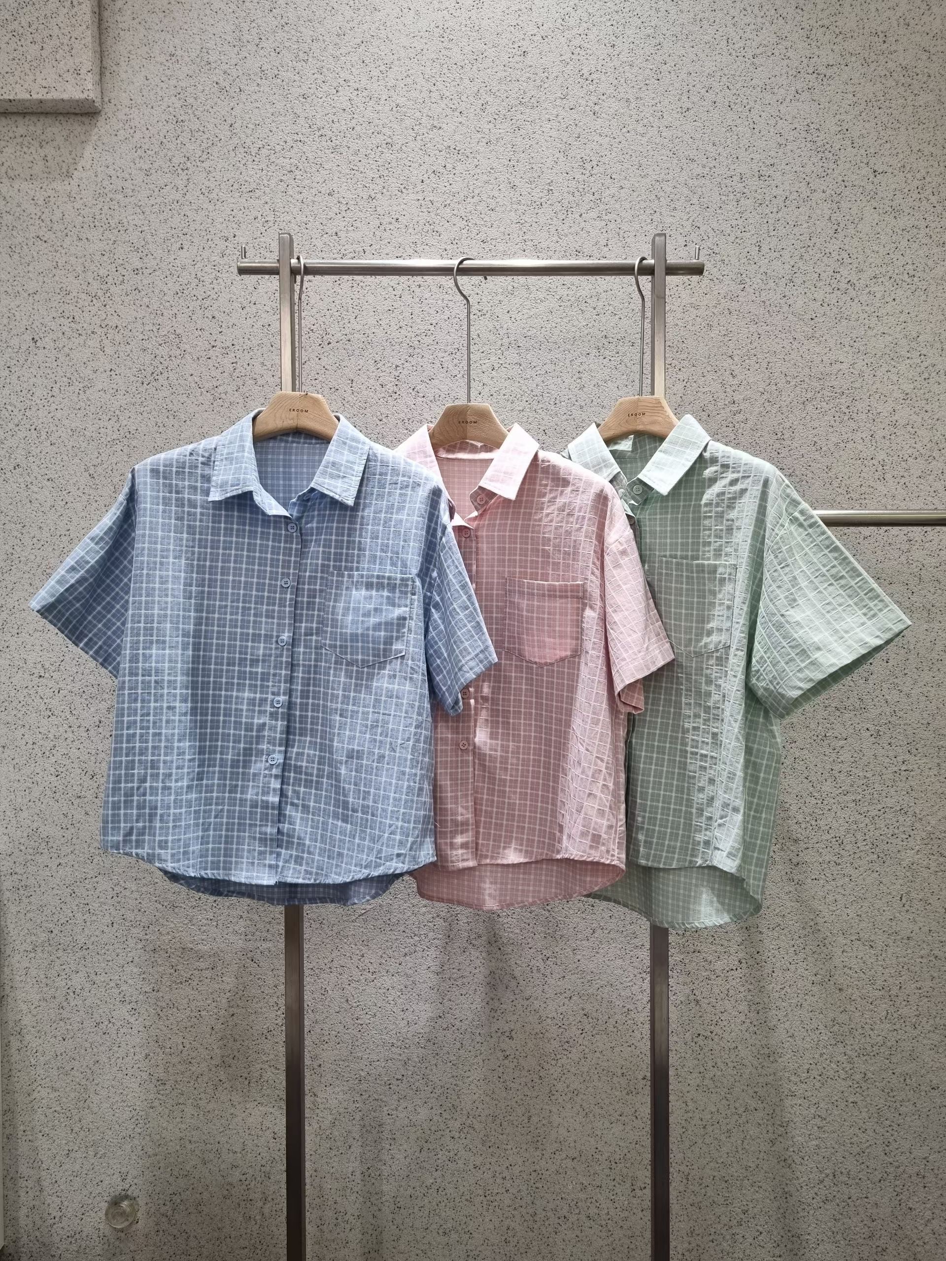 EROOM韓國直郵女士新品休閑人氣推薦熱賣26夏季襯衫蕾絲衫格子EROOM襯衫/蕾絲衫
