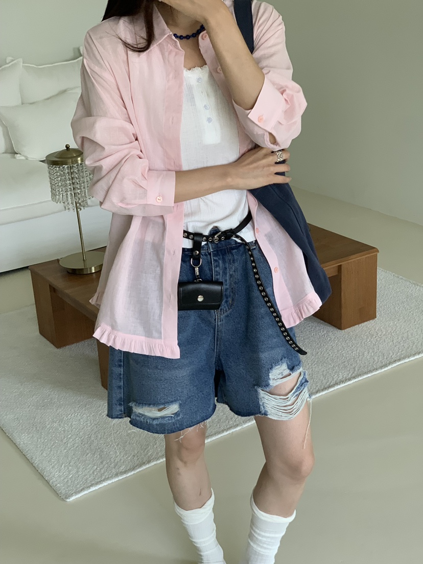 RIVER RAIN韓國直郵女士新品人氣推薦襯衫蕾絲衫荷葉邊亞麻RIVER RAIN襯衫/蕾絲衫