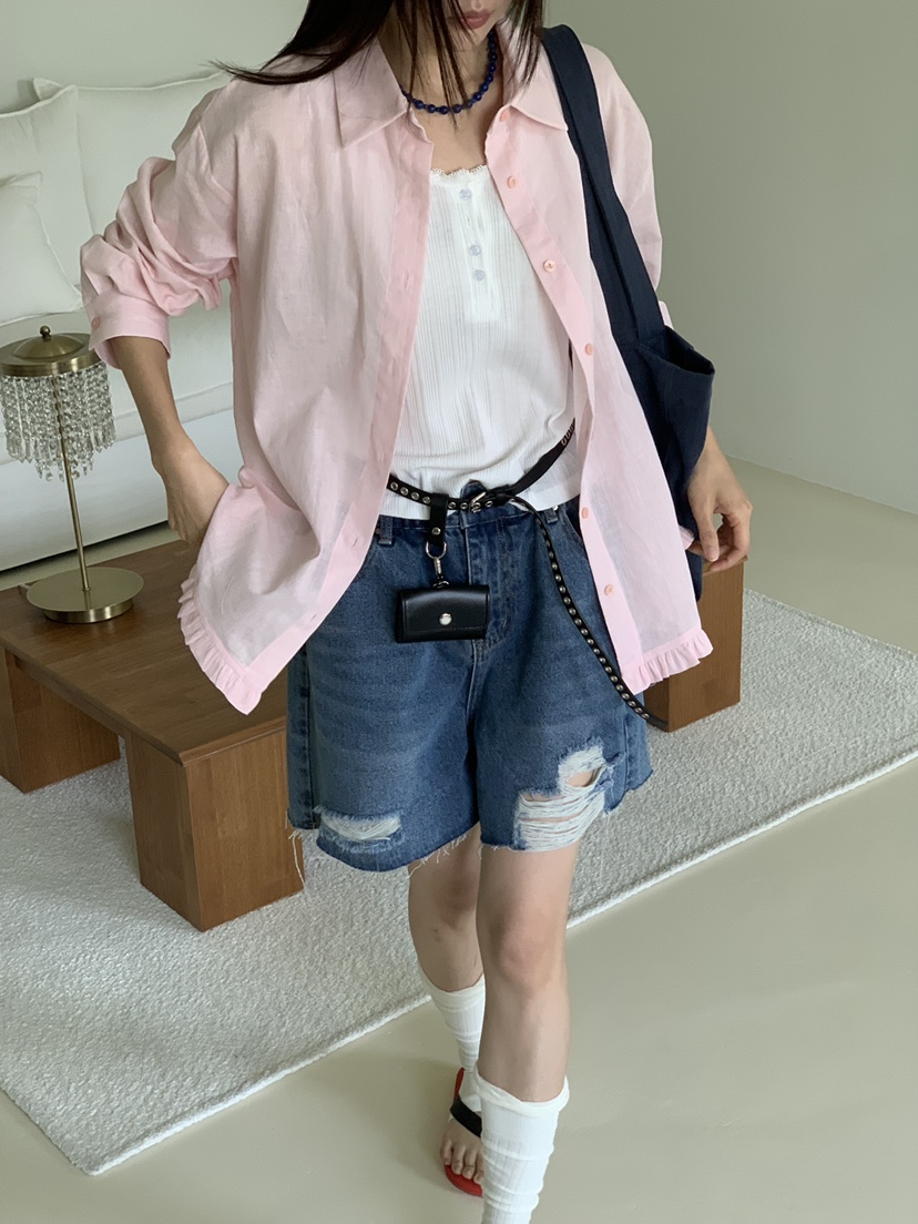 RIVER RAIN韓國直郵女士新品人氣推薦襯衫蕾絲衫荷葉邊亞麻RIVER RAIN襯衫/蕾絲衫