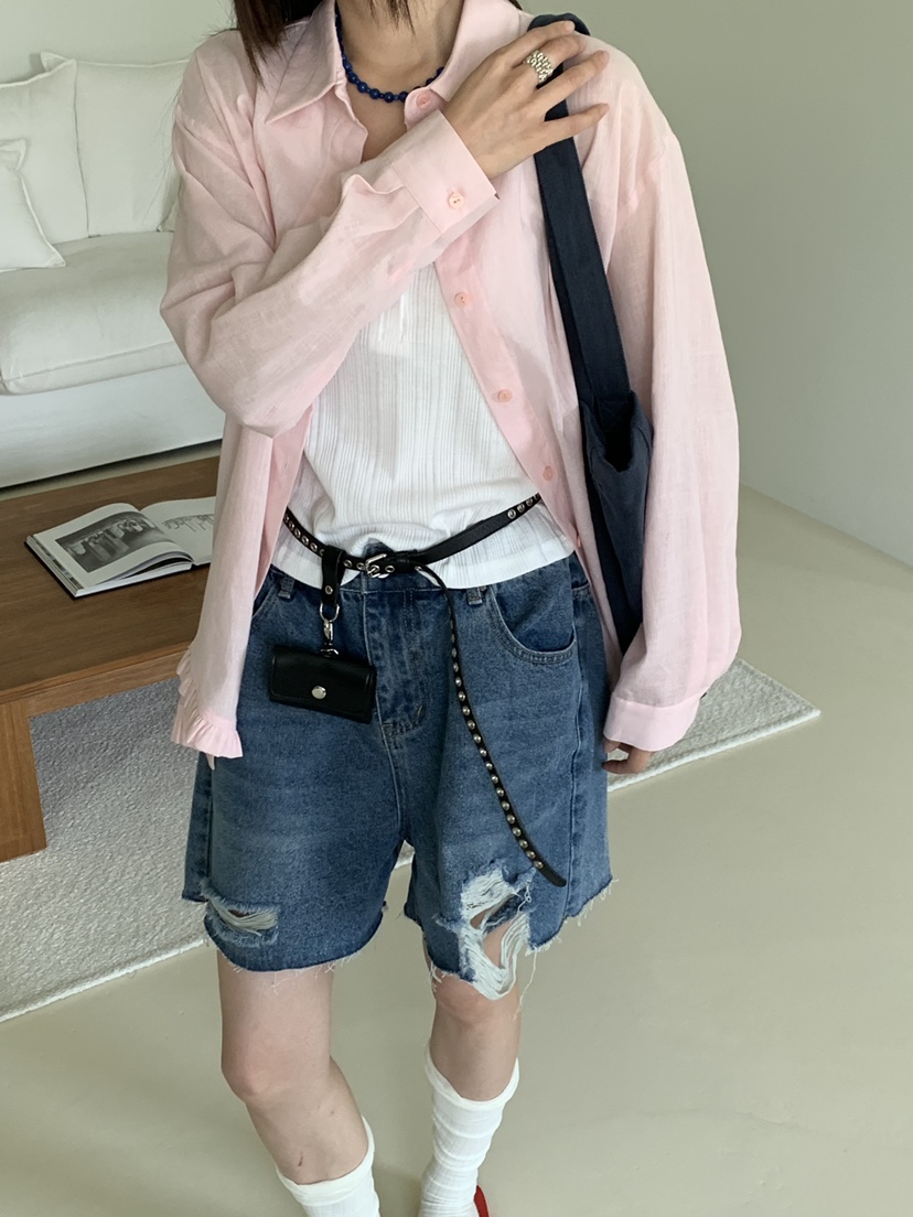 RIVER RAIN韓國直郵女士新品人氣推薦襯衫蕾絲衫荷葉邊亞麻RIVER RAIN襯衫/蕾絲衫