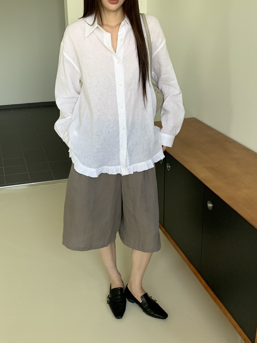 RIVER RAIN韓國直郵女士新品人氣推薦襯衫蕾絲衫荷葉邊亞麻RIVER RAIN襯衫/蕾絲衫