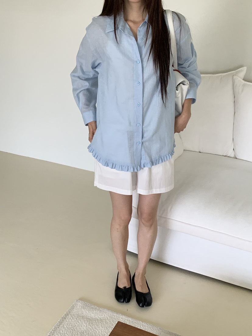 RIVER RAIN韓國直郵女士新品人氣推薦襯衫蕾絲衫荷葉邊亞麻RIVER RAIN襯衫/蕾絲衫