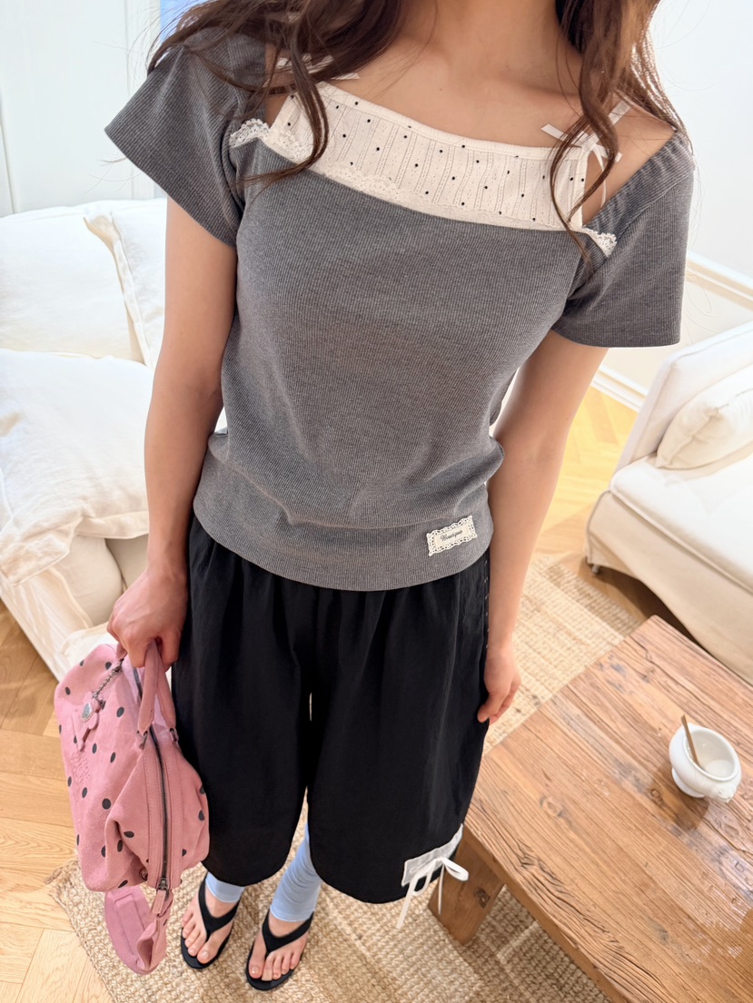 BOUTIQUE-L韓國代購女裝新品人氣休閑時尚熱賣26夏季T恤絲帶BOUTIQUE-LT恤