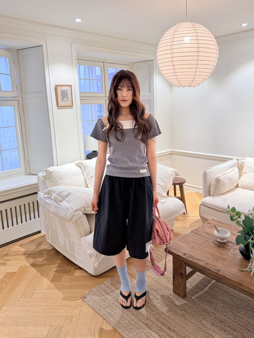 BOUTIQUE-L韓國代購女裝新品人氣休閑時尚熱賣26夏季T恤絲帶BOUTIQUE-LT恤圖色2