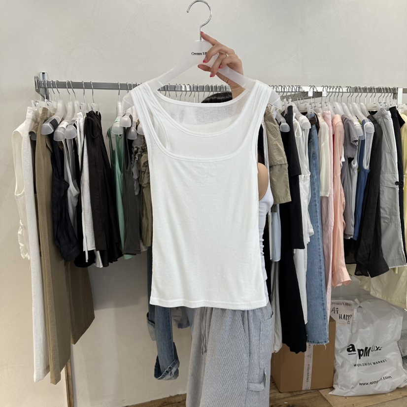 CREAM VILLA韓國代購女裝新款休閑吊帶背心假兩件無袖CREAM VILLA吊帶/背心圖色1